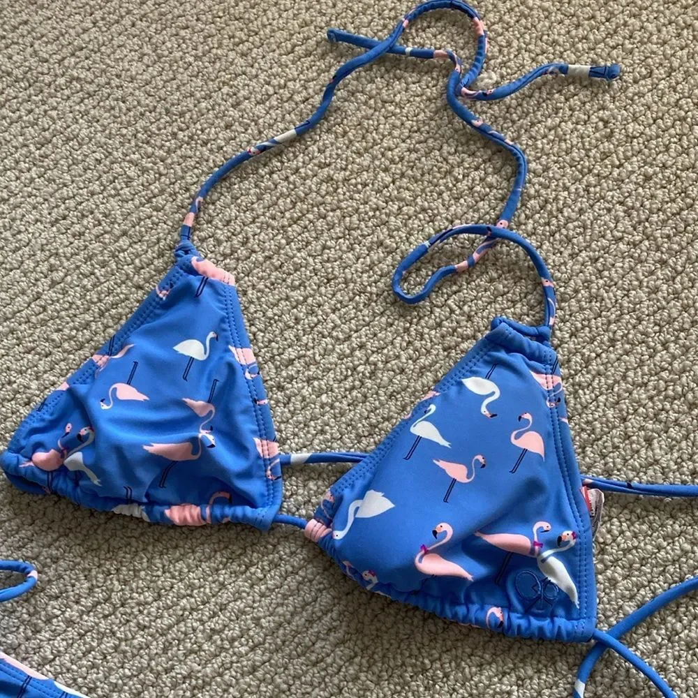 OP Girls Flamingo Bikini Set Triangle Adjustable Straps Blue Pink Size Large EUC